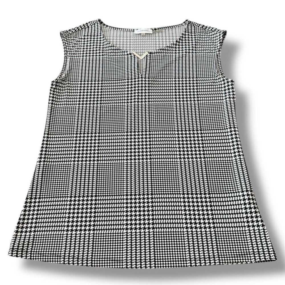 Calvin Klein Black Houndstooth Plaid Sleeveless Tank Top Summer Women’s Size S